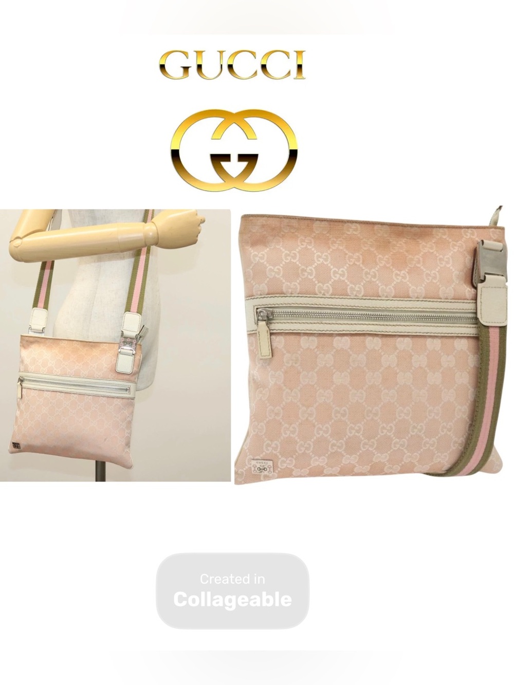 Gucci Light Pink Monogram Crossbody Bag Sherry Line Logo Zipper Zip Authentic